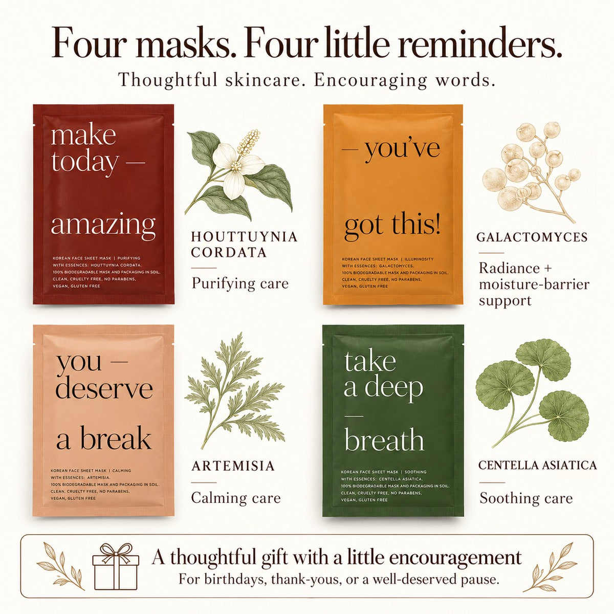 Lucky Owl Korean Sheet Mask Gift Set | 4 Masks & Encouraging Messages
