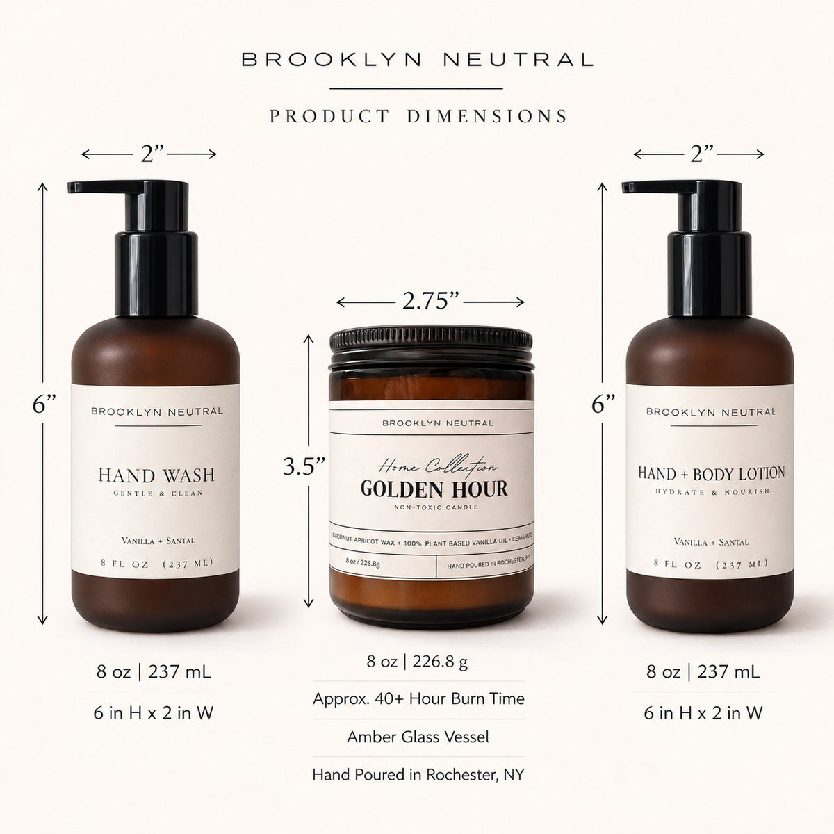Golden Hour Home Gift Set. Hand Wash, Hand + Body Lotion, Candle. Non-Toxic Vanilla Santal Scent