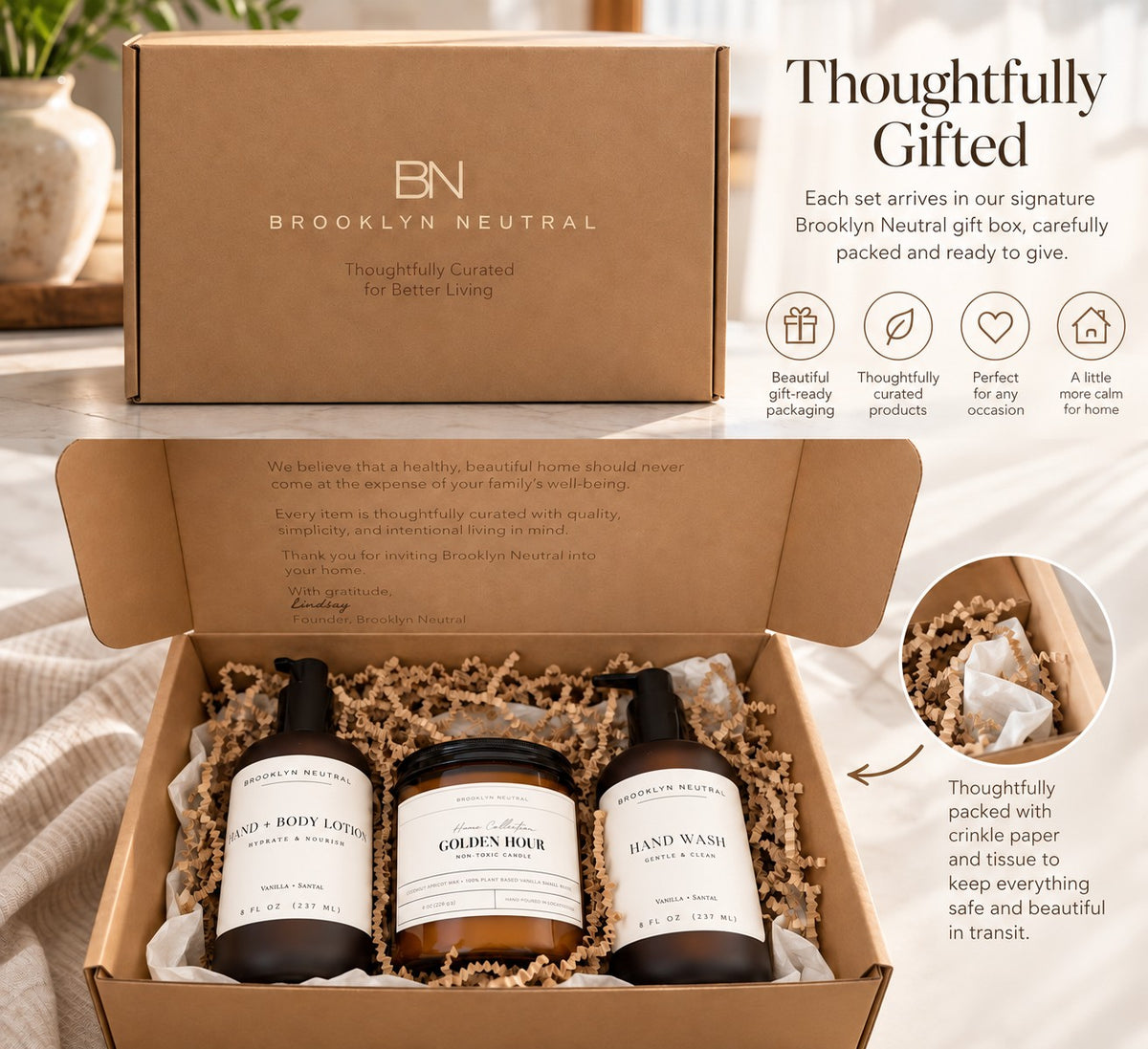 Golden Hour Home Gift Set. Hand Wash, Hand + Body Lotion, Candle. Non-Toxic Vanilla Santal Scent