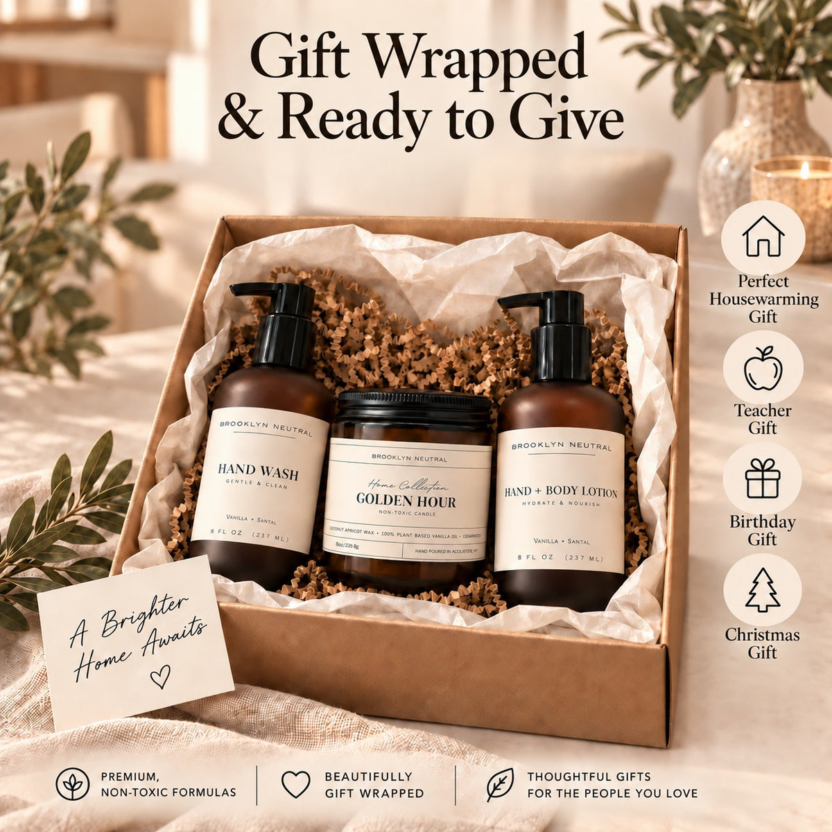 Golden Hour Home Gift Set. Hand Wash, Hand + Body Lotion, Candle. Non-Toxic Vanilla Santal Scent