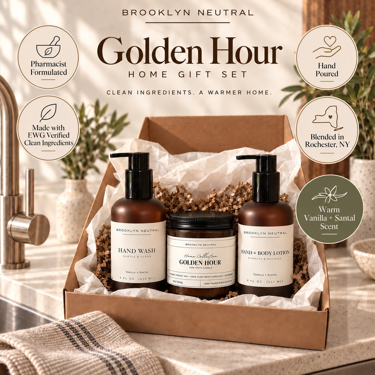Golden Hour Home Gift Set. Hand Wash, Hand + Body Lotion, Candle. Non-Toxic Vanilla Santal Scent