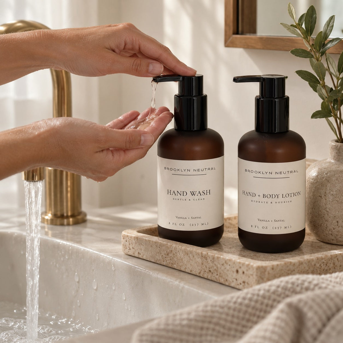 Golden Hour Home Gift Set. Hand Wash, Hand + Body Lotion, Candle. Non-Toxic Vanilla Santal Scent