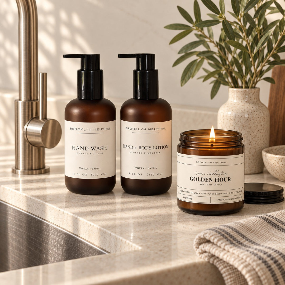 Golden Hour Home Gift Set. Hand Wash, Hand + Body Lotion, Candle. Non-Toxic Vanilla Santal Scent