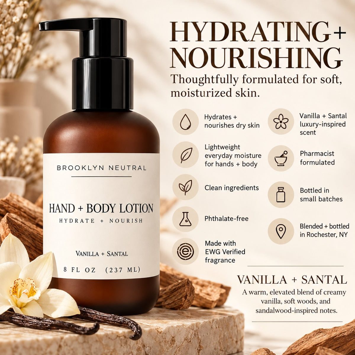 Vanilla Santal Hand + Body Lotion | Hydrating Moisturizer