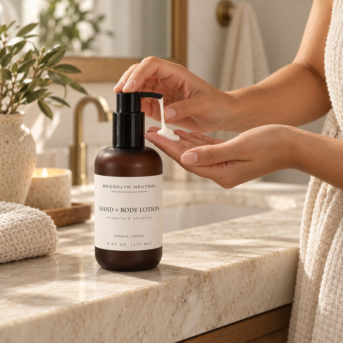 Golden Hour Home Gift Set. Hand Wash, Hand + Body Lotion, Candle. Non-Toxic Vanilla Santal Scent