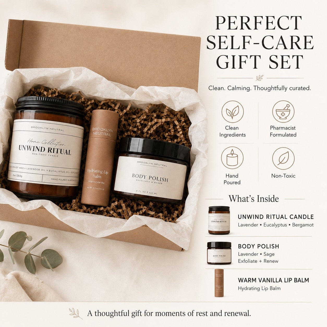 Self-Care Gift Set | Candle, Body Polish + Warm Vanilla Lip Balm