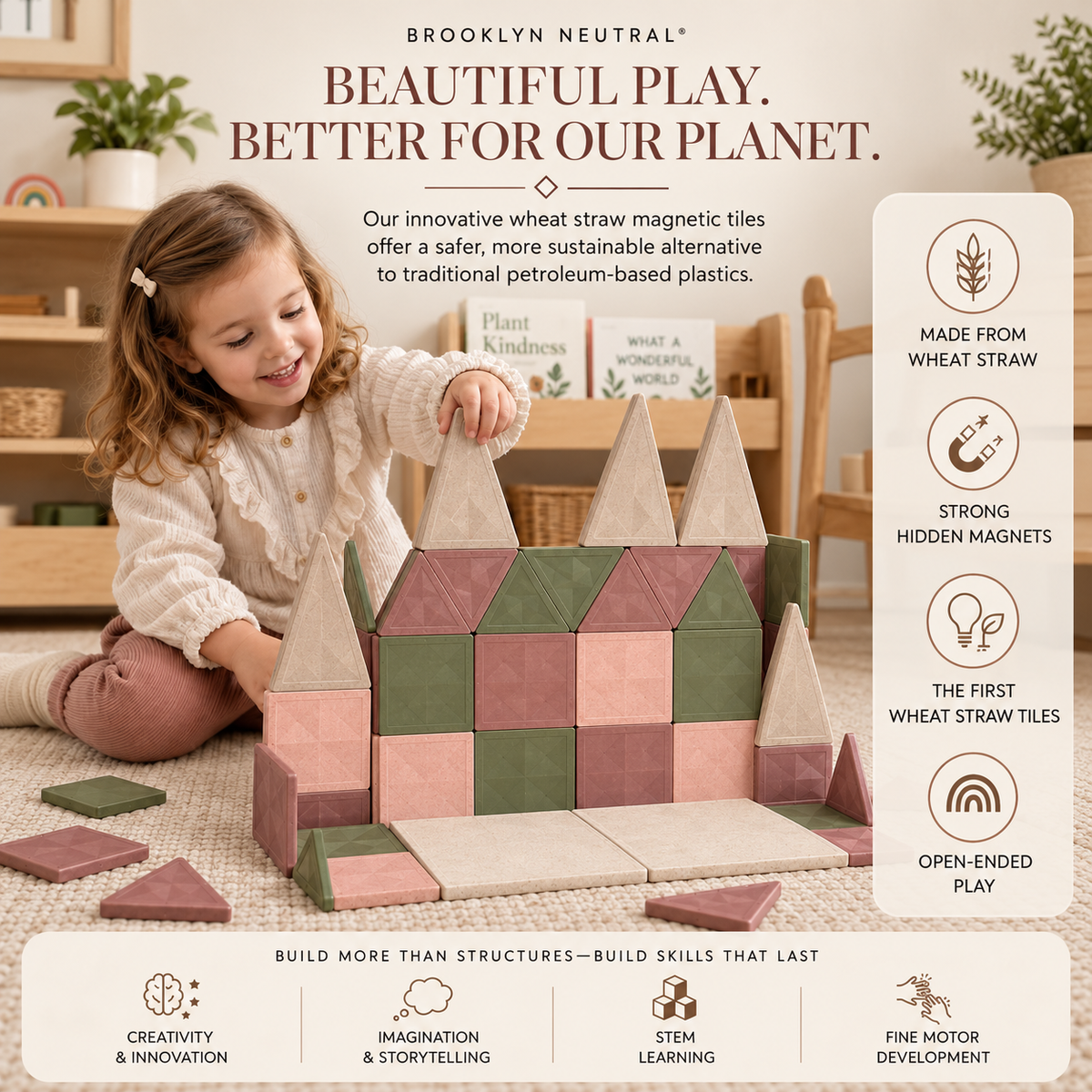 Rose Collection Wheat Straw Magnetic Tiles- 52 piece set