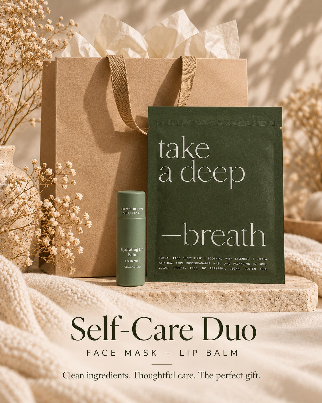 Take a Deep Breath Self-Care Gift Set: Face Mask + Oversized Lip Balm
