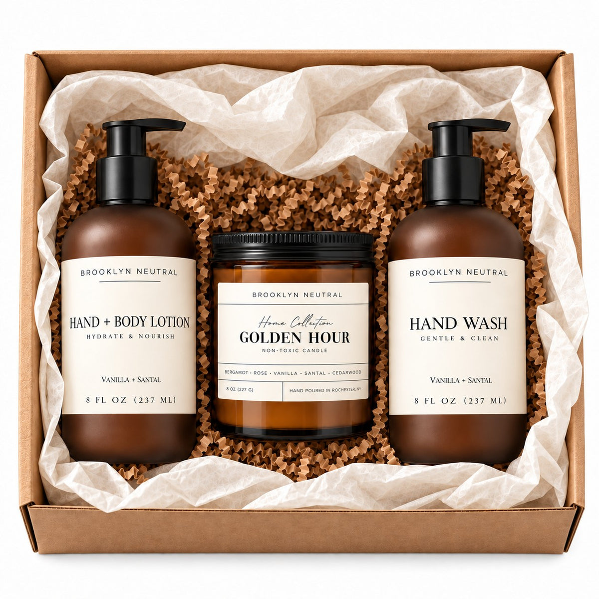 Golden Hour Home Gift Set. Hand Wash, Hand + Body Lotion, Candle. Non-Toxic Vanilla Santal Scent