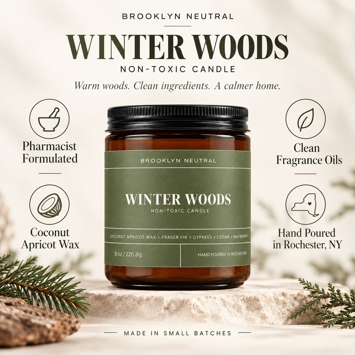 WINTER WOODS 8 oz Non-Toxic Coconut Wax Candle
