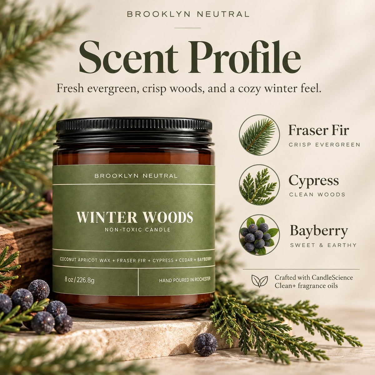 WINTER WOODS 8 oz Non-Toxic Coconut Wax Candle
